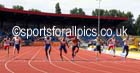 Dwain Chambers (Belgrave) wins from Harry Aikines Aryeetey (Sutton) and Chijindu Ujah (Enfield) 3rd, 100 metres, 2014 Sainsbury's British Championships. Photo: David T. Hewitson/Sports for All Pics